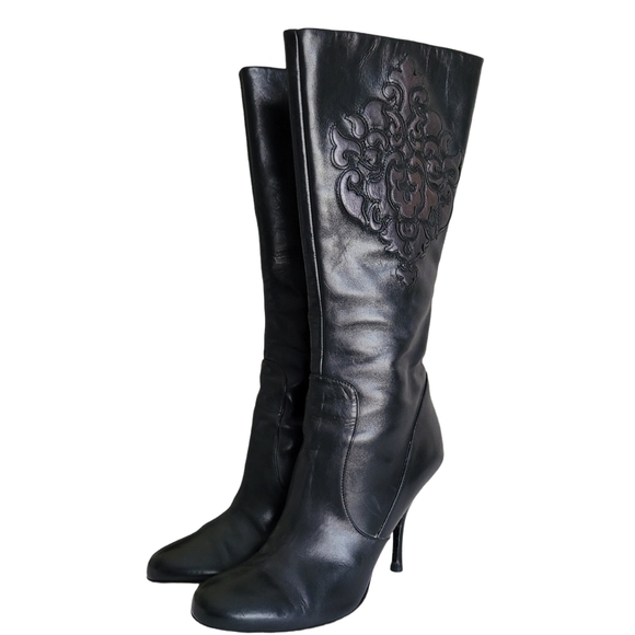 ISABELLE Fiore Black Leather Boots high heel hand tooled - Picture 6 of 15